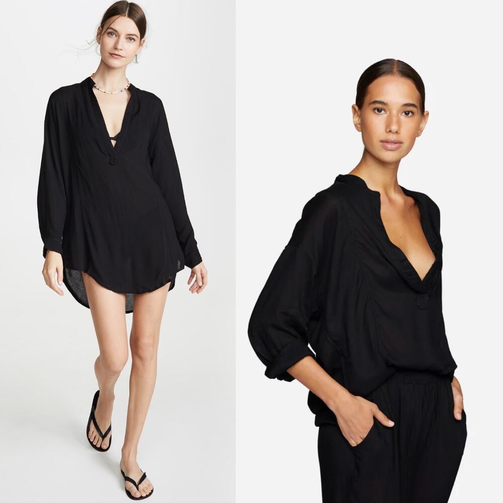 Mikoh Cannes Tunic Cover Up Top V-Neckline Long Sleeve‎ Black Size 3 Large